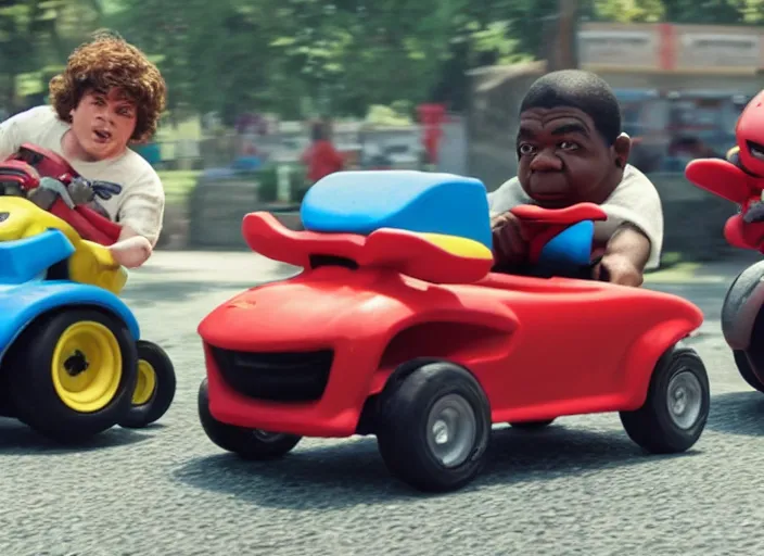 Image similar to peter dinklage racing gary coleman driving a little tikes cars, movie still, from the new fast and furious movie, 8 k, realistic