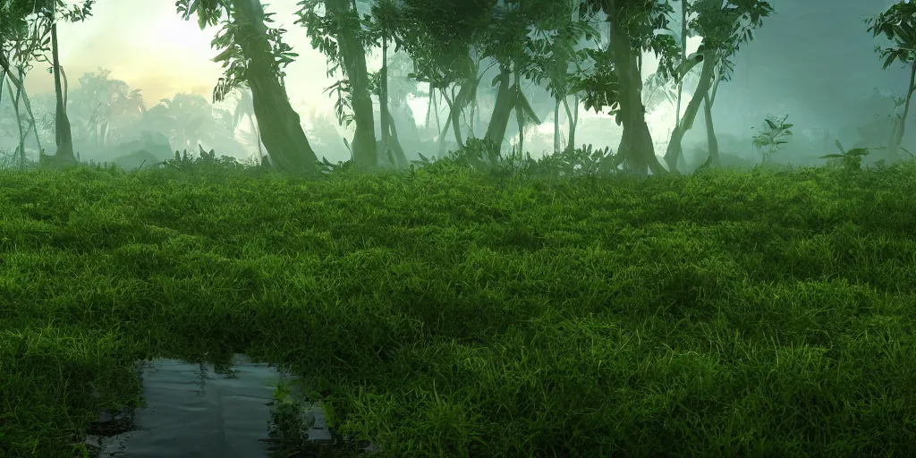 Prompt: lush green vegetation covered in spiderweb, ground - level view, puddles of water, stunning volumetric lighting, sunset, trending on artstation, 8 k, photorealistic, hyper detailed, unreal engine 5, cinematic, epic lighting, cryengine, octane render, cyberpunk, red and orange glow, dark, gloomy