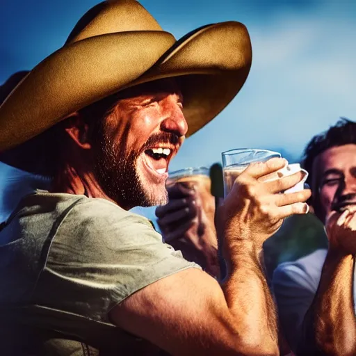 Image similar to epic portrait cinematic shot cowboy laughing and enjoy his drink of beer with friends, photography, realistic, detailed,