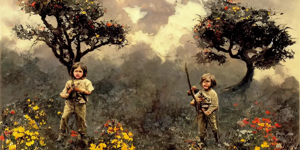 Prompt: small boy with glasses, child, by frank frazetta, wield tree branch, full armor with ornaments made of cardboard boxes, standing on a hill with flowers, cloudy dark sky, post-apocalyptic, hyperdetailed, photorealistic