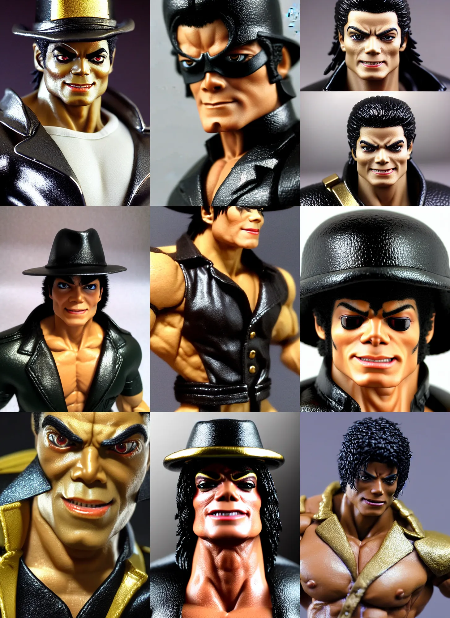 Prompt: macro head shot 8 5 mm of calm michael jackson oversized muscular hulk! powerlifter rockstar wrestler with fedora hat by neca!!! pretty! beautiful! shirtless muscular black pants gold shiny military armor jacket very detailed realistic action figure by neca in the style of ryo kusanagi, character from king of fighters, film still, bokehs