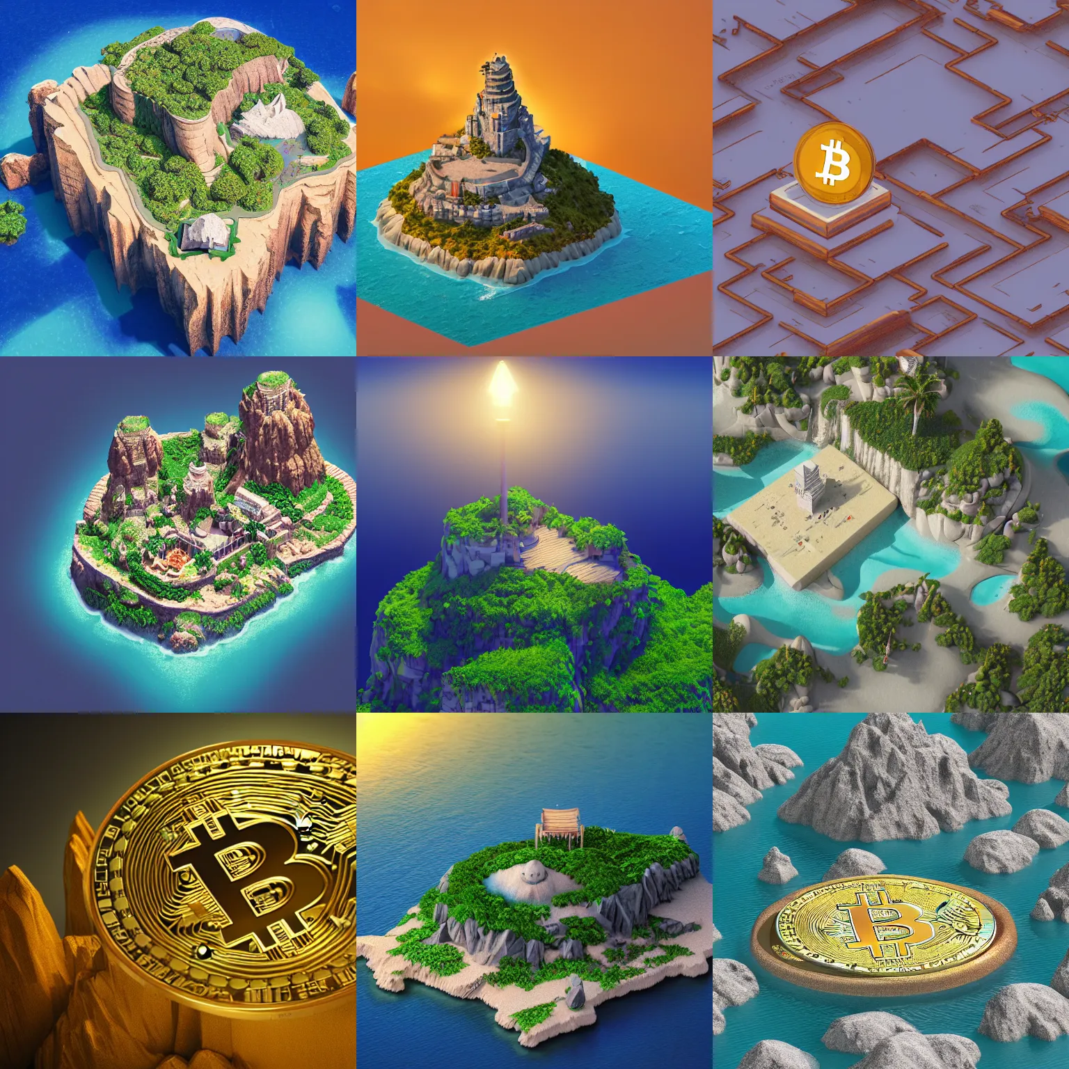 Prompt: beautiful bitcoin island, isometric, volumetric lighting, octane render, ultrareaslistic, 8k