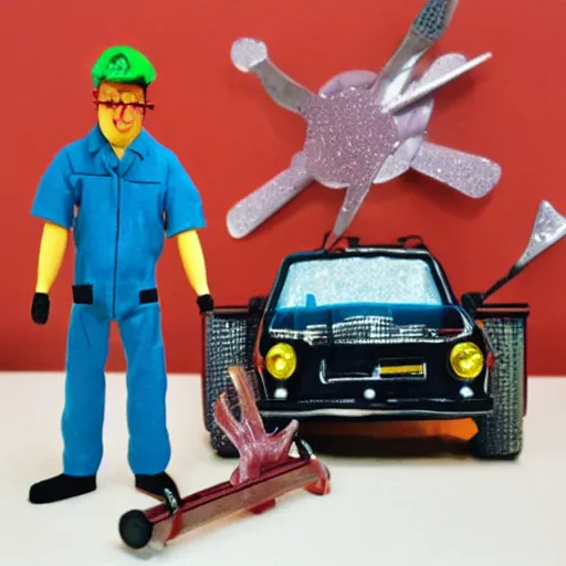 Image similar to nils bohr cosplay car mechanic, stop motion vinyl action figure, plastic, toy, butcher billy style with glittery accents