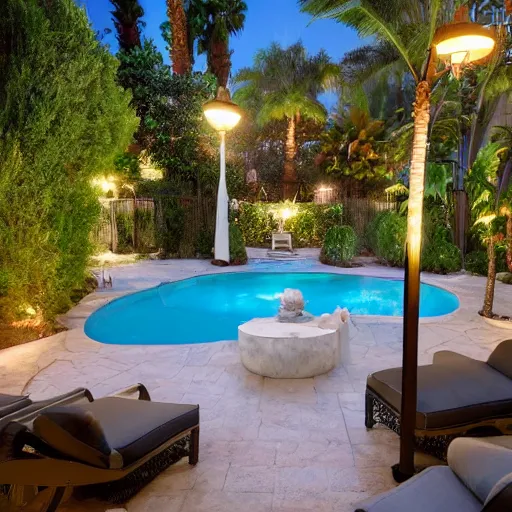 Image similar to Backyard with a pool, palm trees and patio with a fireplace in the middle of the sofas, big beautiful street lamps, Night Time