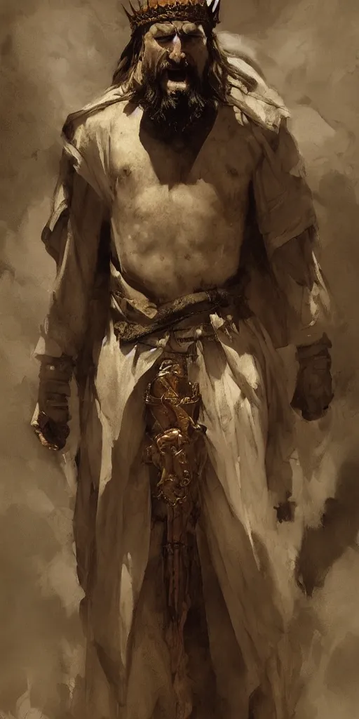 Image similar to a character study of the ancient historical biblical evil pagan king ahab of Israel by craig mullins and marc simonetti, Ross Tran and WLOP, by Andrew Wyeth and Gerald Brom, In the style of John singer Sargent and James gurney, ARTSTATION, cgsociety, polycount, character design, CINEMATIC, AWE INSPIRING, BEAUTIFUL, ART GERM