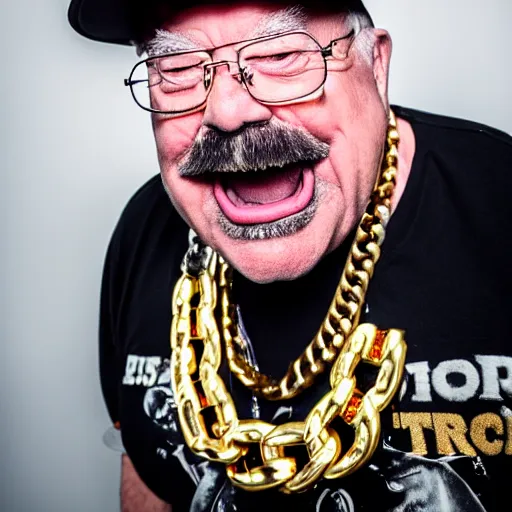 Prompt: dslr portrait photo still of wilfred brimley as a gangsta rapper with gold chains and gold teeth grills growling at camera and showing his teeth, 8 k, 8 5 mm f 1. 8