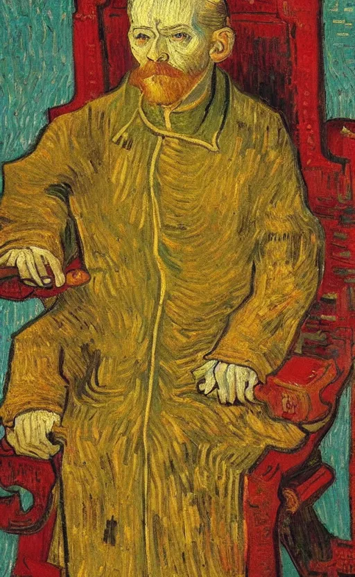 Image similar to detailed expressionist!! oil painting masterpiece portrait of an ancient emperor on his throne!! by van gogh, 8 k resolution, smooth, sharp focus, matte painting, beautiful masterpiece expressionist painting