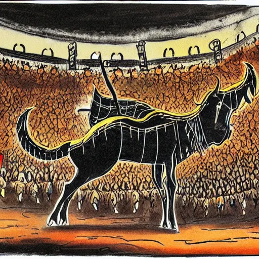 Prompt: ecstatic by alexander jansson dark black, ochre. a illustration of a bullfight in spain. the illustration is set in an arena with spectators in the stands. several figures in the illustration, including a matador & a bull.