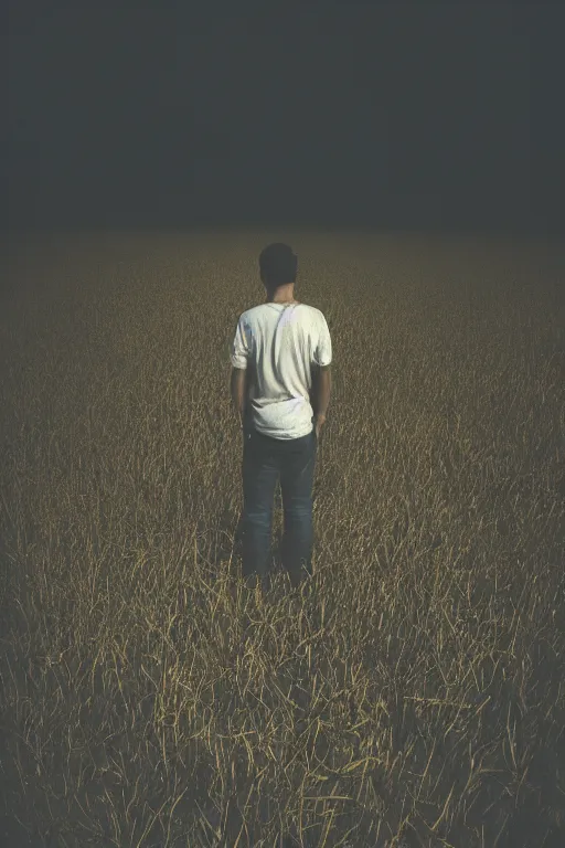 Prompt: agfa vista 4 0 0 photograph of a guy standing in a field of human skulls, back view, synth vibe, vaporwave colors, lens flare, moody lighting, moody vibe, telephoto, 9 0 s vibe, blurry background, grain, tranquil, calm, faded!,