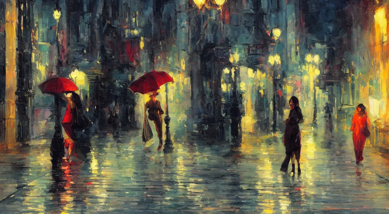 Prompt: evening city scene with young woman with umbrella. beautiful use of light and shadow to create a sense of depth and movement. uses energetic brushwork and a limited color palette, providing a distinctive look and expressive quality in a rhythmic composition