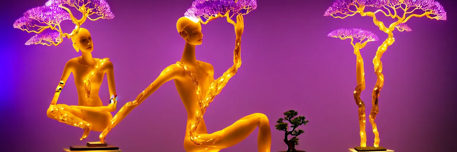 Image similar to beautiful mannequin sculpted out of amethyst by billelis + lit with geometric neon dripping gold + kintsugi, facing a doorway opening with neon pink geometric fractal light + flowering bonsai trees + lighting in background!!, transcendent, clean linework, dramatic, finely detailed, award winning, 4 k, trending on artstation, photorealistic, volumetric lighting, octane render