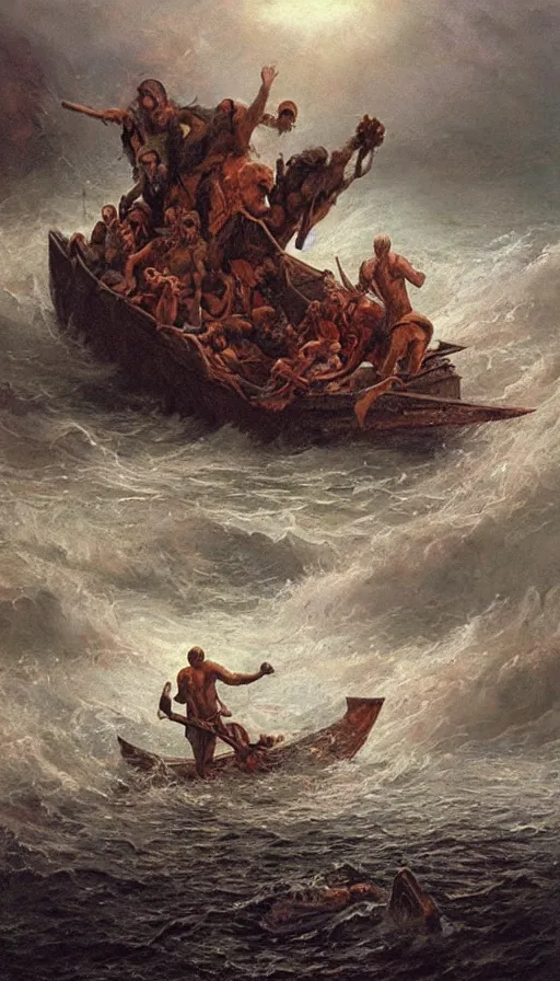 Image similar to man on boat crossing a body of water in hell with creatures in the water, sea of souls, by james gurney