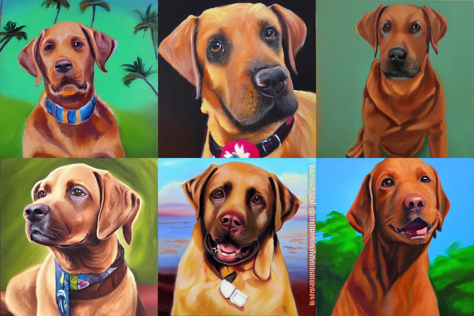 Prompt: oil painting of a cute brown Labrador wearing a Hawaii shirt