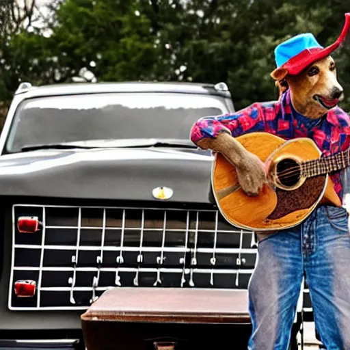 Image similar to A folkpunk hound dog playing the guitar in front of a pickup truck