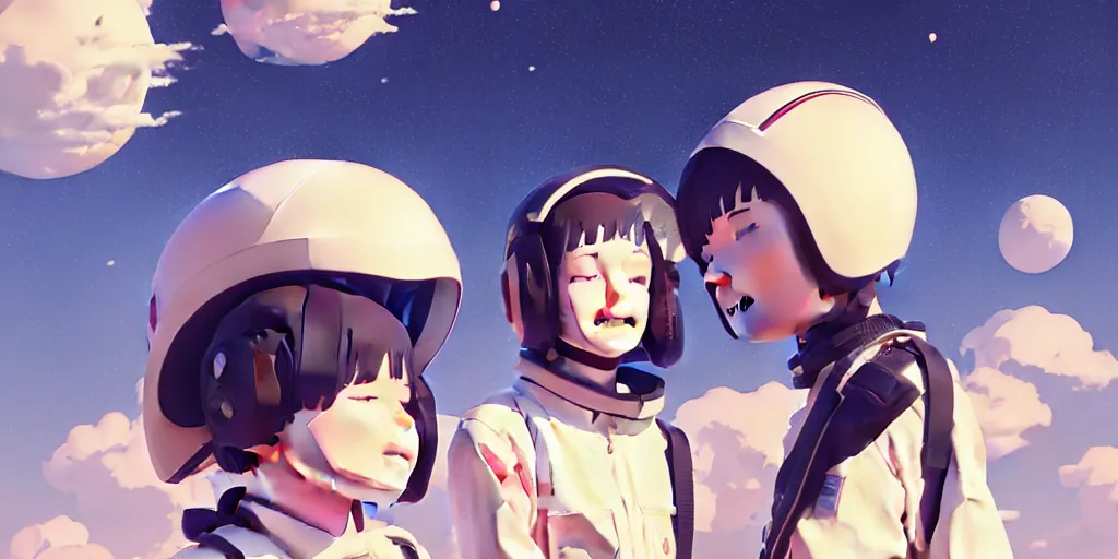 Prompt: 3 d portrait of smiling boy and girl teens with astronaut helmets by ilya kuvshinov, cloudy sky background lush landscape ln illustration concept art anime key visual trending pixiv by victo ngai fanbox by greg rutkowski makoto shinkai takashi takeuchi studio ghibli