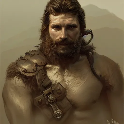 Image similar to portrait of a rugged ranger, muscular, upper body, hairy torso, D&D, fantasy, intricate, elegant, highly detailed, digital painting, artstation, concept art, matte, sharp focus, illustration, art by Artgerm and Greg Rutkowski and Alphonse Mucha