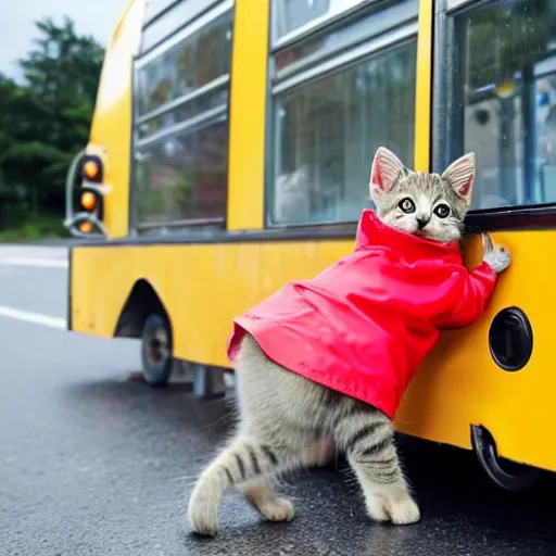 Prompt: a cute kitten in a raincoat getting on a school bus on the first day of school