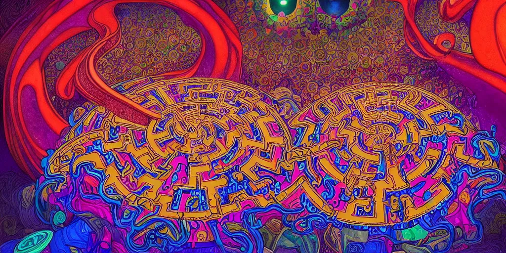 Image similar to An extremely psychedelic abstract illustration of an all seeing eye shaped labyrinth maze , colorful, surreal, dramatic lighting, magic mushrooms, psilocybin, LSD, detailed, intricate, elegant, highly detailed, digital painting, artstation, concept art, smooth, sharp focus, illustration, art by Krenz Cushart and Artem Demura and alphonse mucha, unreal engine 5 render, 8k