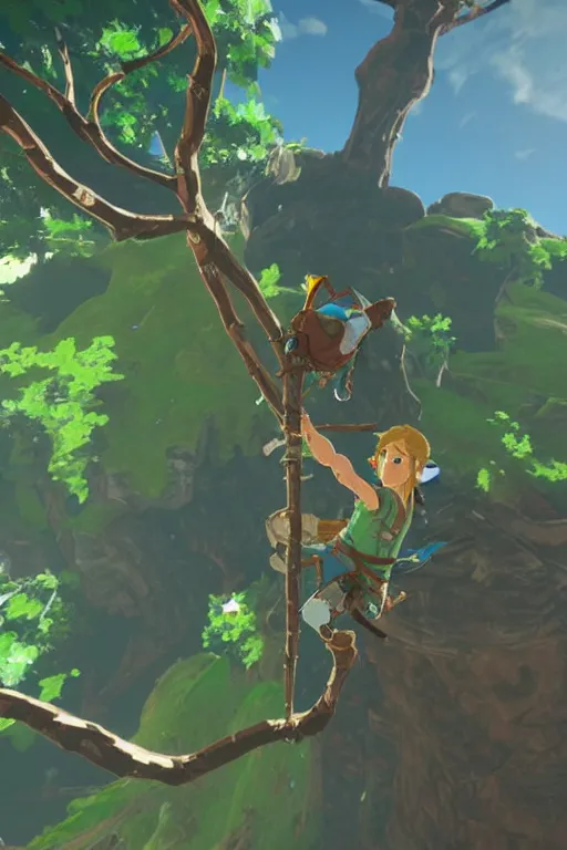 Image similar to in game footage of link from the legend of zelda breath of the wild climbing q tree, breath of the wild art style.