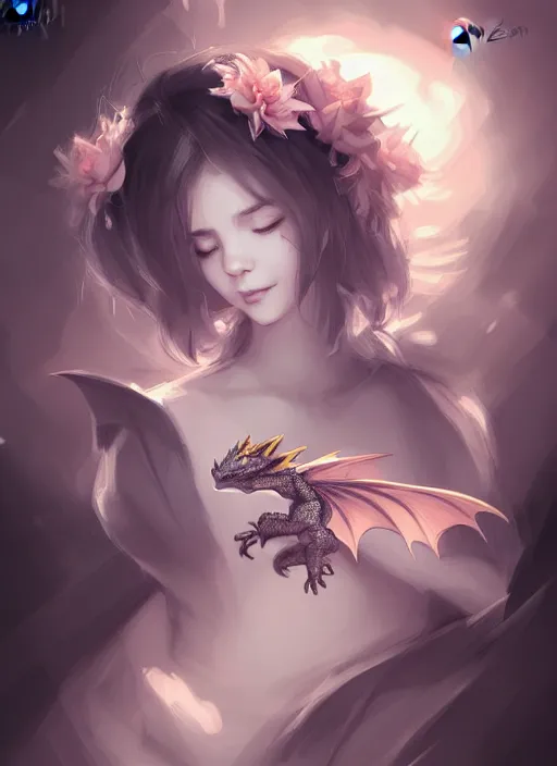 Image similar to cute baby dragon, black, white, blue, pink and gold color scheme, flowers, cool, highly detailed, artgerm, cushart krenz, artstation, soft light, sharp focus, illustration, character design, concept art