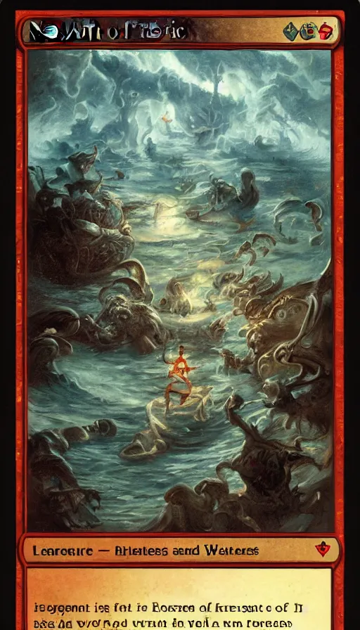 Image similar to man on boat crossing a body of water in hell with creatures in the water, sea of souls, from magic the gathering