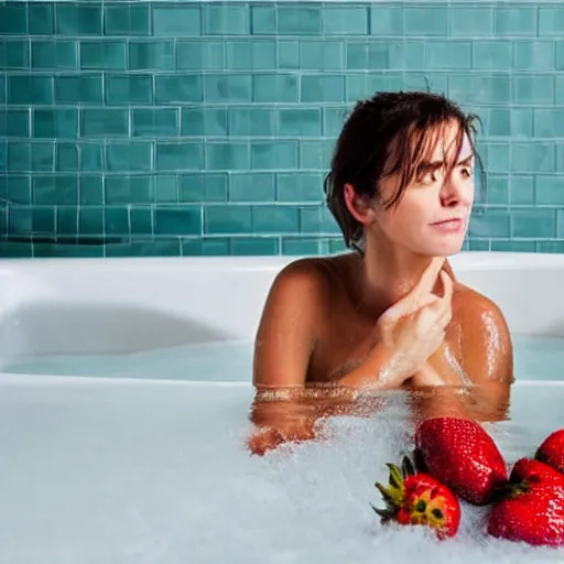 Image similar to bath filled with strawberries, woman sitting inside