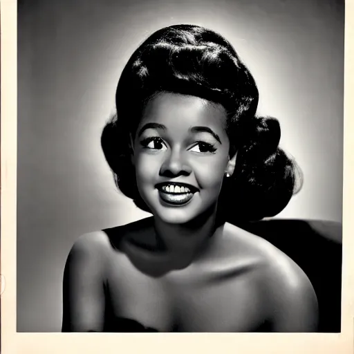 Prompt: black and white photo of a beautiful and elegant 1 9 5 9 young black actress with four in her hair