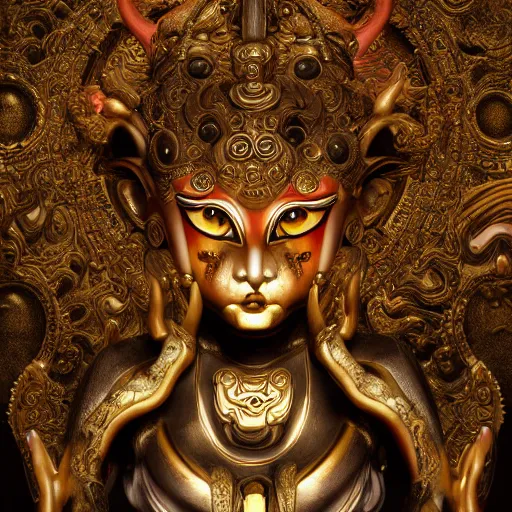 Image similar to naraka buddhist demon korean female, highly detailed, symmetrical long head, golden amber eyes, smooth marble surfaces, detailed ink illustration, raiden metal gear, cinematic smooth stone, deep aesthetic, concept art, post process, 4 k, carved marble texture and silk cloth, latex skin, highly ornate intricate details, in the style of 8 8 grzes