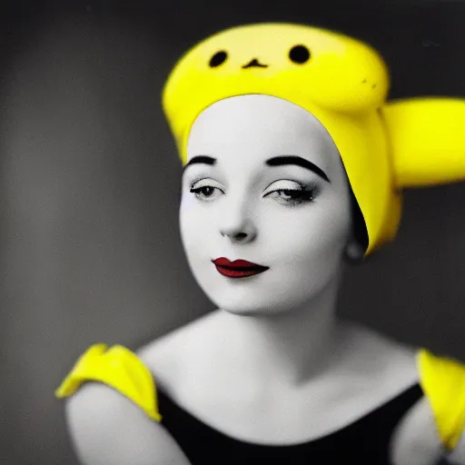 Image similar to elegant woman dressed up as pikachu, art photo in color Frantisek Drtikol, digital photo, clean, sharp, smooth, glossy color photo, Nikon Sigma art, photoshop, ai processed