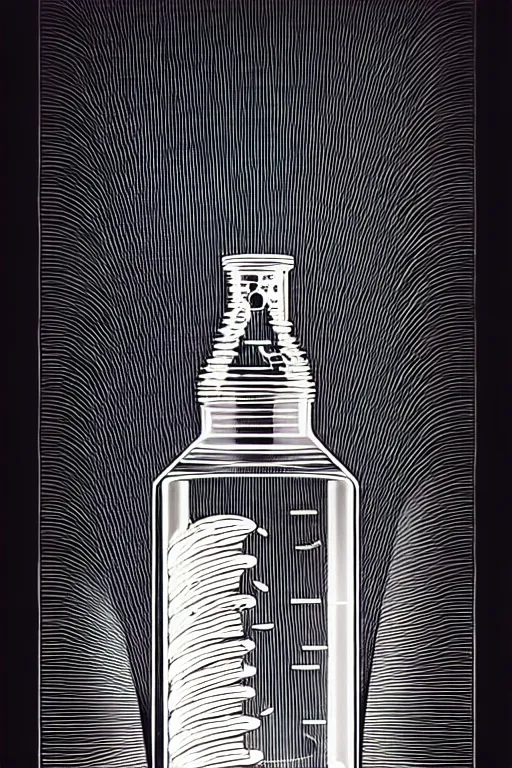 Image similar to an erlenmeyer flask with a caterpillar inside, bold line art, by vincent di fate and joe fenton, inking, etching, screen print, masterpiece, trending on artstation, sharp, high contrast, hyper - detailed, hd, 4 k, 8 k