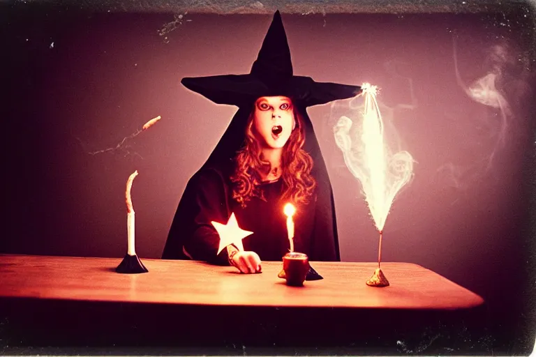 Image similar to close up portrait, dramatic lighting, teen witch aggressively pointing a magic wand casting a spell over a table, fireworks, cat on the table in front of her, sage smoke, magic wand, a witch hat cloak, apothecary shelves in the background 1 9 7 0's photo, polaroid, damaged film