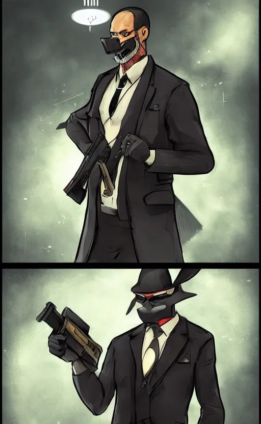 Image similar to rabbit as a hitman, suit and tie, with silenced gun, dynamic lighting, fantasy concept art, trending on art station, stunning visuals, creative, cinematic, ultra detailed, comic strip style