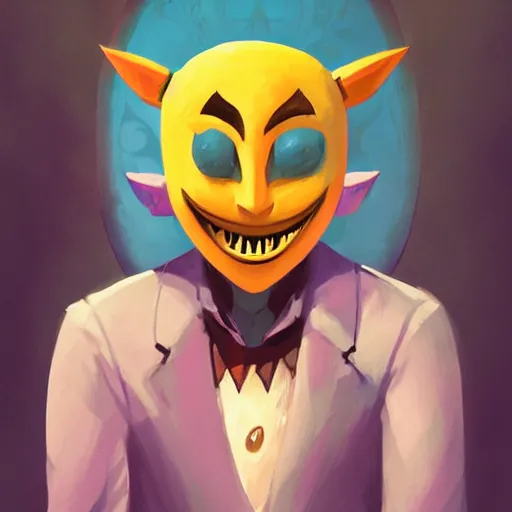 Image similar to a portrait of the happy mask salesman from the legend of zelda, art by lois van baarle and loish and ross tran and rossdraws and sam yang and samdoesarts and artgerm and saruei and disney, digital art, highly detailed, intricate, sharp focus, trending on artstation hq, deviantart, unreal engine 5, 4 k uhd image