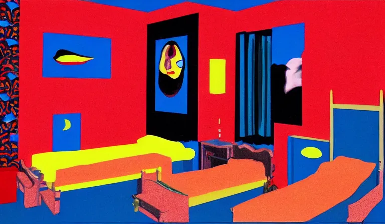 Image similar to A bedroom designed by Tadanori Yokoo, film still, by Gregg Araki