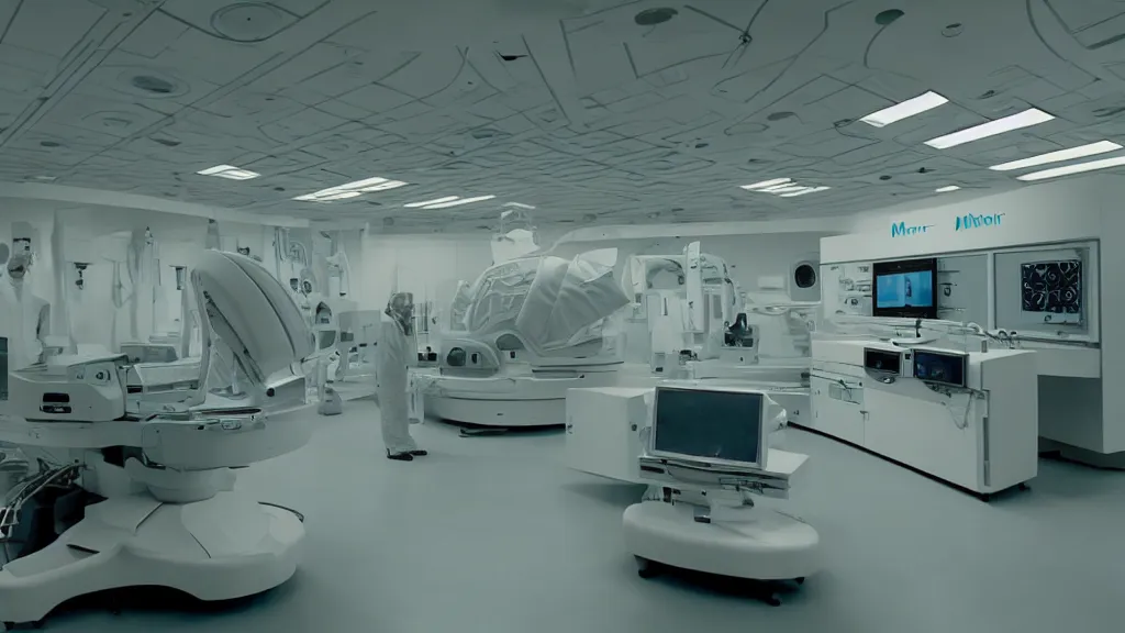 Image similar to a huge mri machine and control panels in the inspection room, film still from the movie directed by denis villeneuve with art direction by salvador dali, wide lens