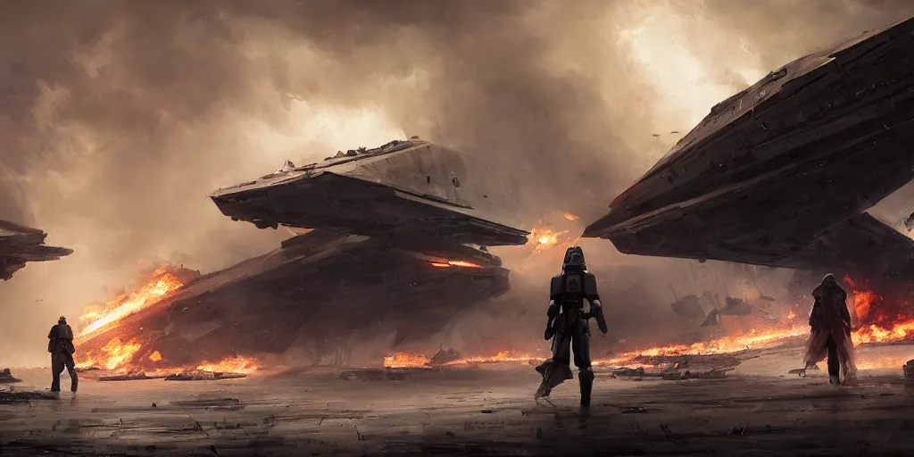 Image similar to a painting of a cinematic keyframe of a storm trooper walking into a destroyed star destroyer starship, with fire and smoke by greg rutkowski, rule of thirds, golden ratio, ambient lighting, wlop, artgerm, artstation, highly detailed masterpiece, dark fantasy art, high detail, trending on artstation