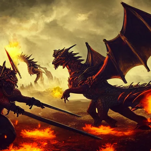 Prompt: war torn medieval battlefield, figures fighting in the distance, dragons spewing fire, mages in a circle casting, dnd, fantasy, high quality, high definition, concept art, smooth