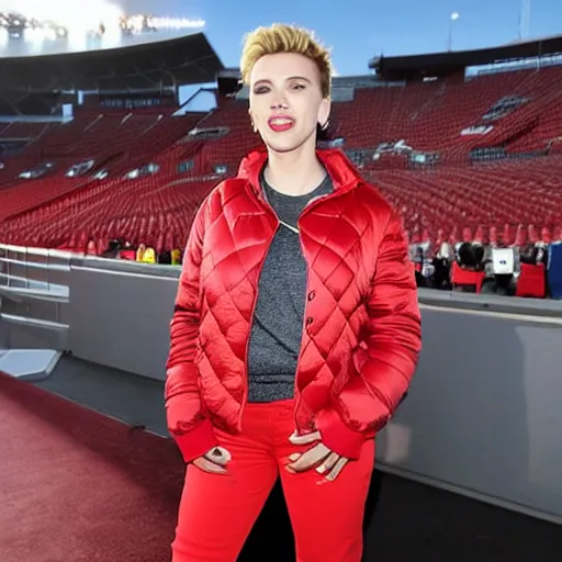 Prompt: Scarlett Johansson, wearing a red puffer jacket and red pants, standing in a stadium, perfect eyes, white light shining on her