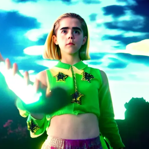 Image similar to cinematic scene with kiernan shipka as jolyne from jojo's bizarre adventure, live action film, stone ocean, dramatic, small details, volumetric lighting, still frame