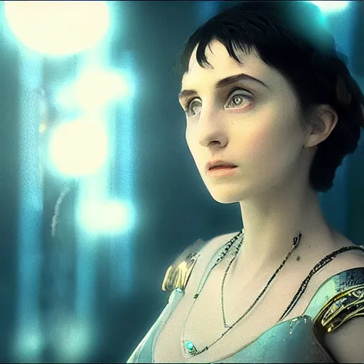 Prompt: beautiful Fine art photo of a young enraptured Enya as a cyberpunk robotic godess, photorealistic, centered, highly detailed and intricate, sun lighting, in the movie A.I. 8k