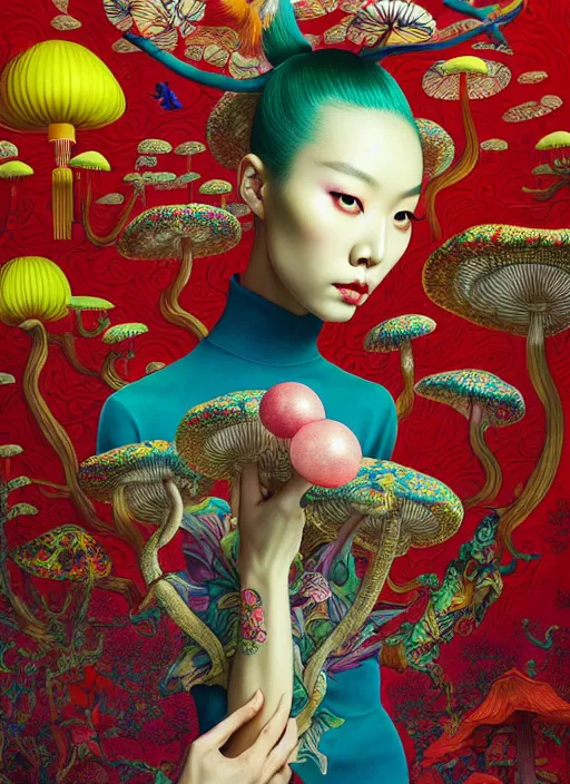 Image similar to pretty chinese model with hallucination mushroom : : by martine johanna and simon stalenhag and chie yoshii and casey weldon and wlop : : ornate, dynamic, particulate, rich colors, intricate, elegant, highly detailed, centered, vogue, harper's bazaar art, fashion magazine, smooth, sharp focus, octane render, 8 k