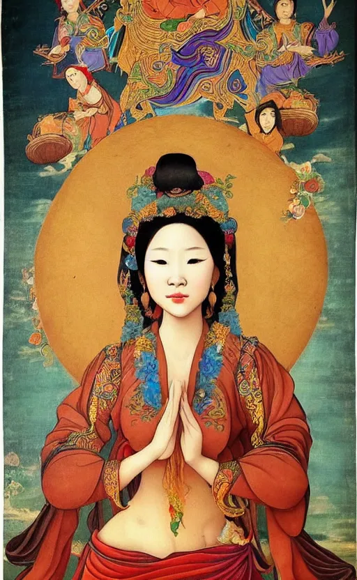 Image similar to an awesome vietnamese art of a lady in the style of a renaissance masters portrait, mystical and new age symbolism and tibetan book of the dead imagery, intricately detailed, 4 k