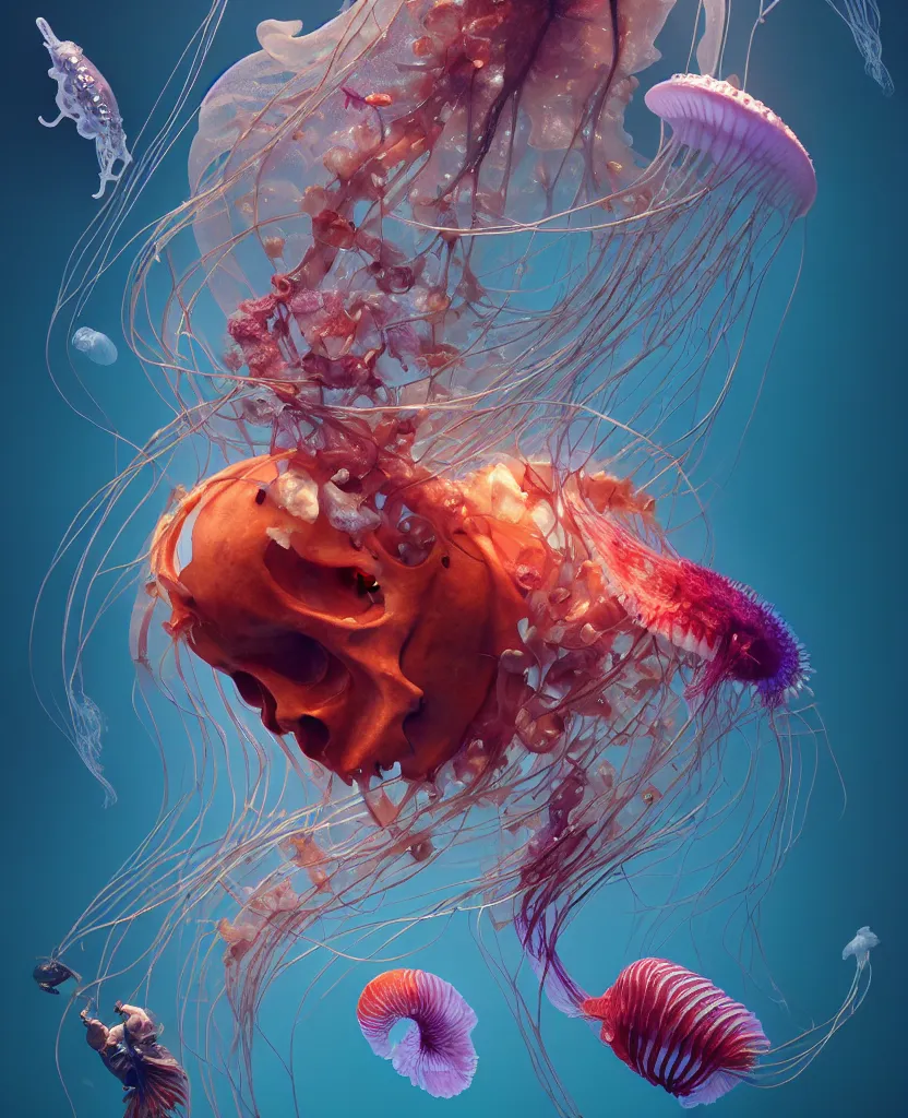 Image similar to human thorax, jellyfish phoenix head, nautilus, orchid, skull, betta fish, bioluminiscent creatures, intricate artwork by Tooth Wu and wlop and beeple. octane render, trending on artstation, greg rutkowski very coherent symmetrical artwork. cinematic, hyper realism, high detail, octane render, 8k