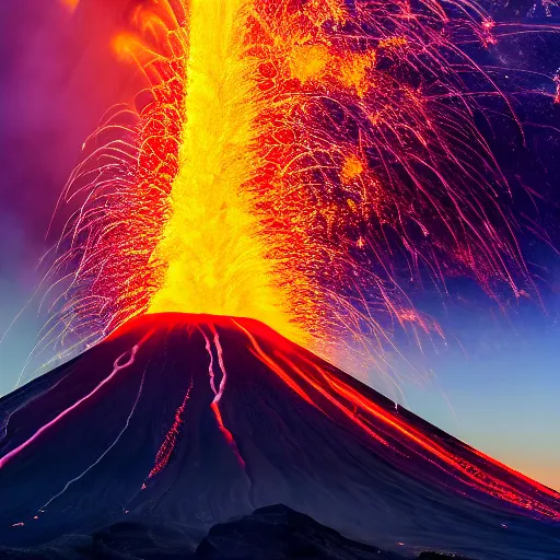Image similar to photo of a volcano in eruption with a lot of flowers and stars, highly detailled, 4 k