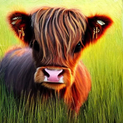 Prompt: cute baby scottish highland cow mucklecoo with long shaggy fur in field of long green grass at sunrise ultra detailed photo realistic painting 8k