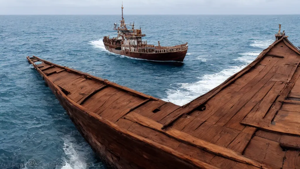 Prompt: A long shot angle of a wooden old ship in the ocean