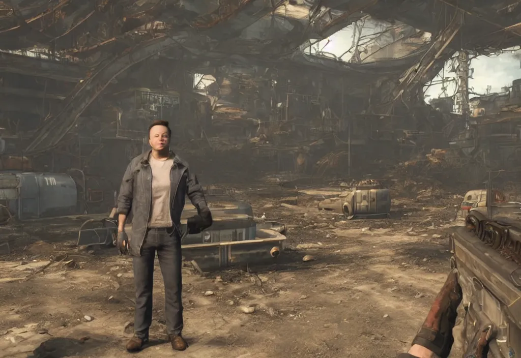 Image similar to elon musk in the video game in fallout 4, apocalyptic wastland, close up, 3 d rendering. unreal engine. amazing likeness. very detailed.