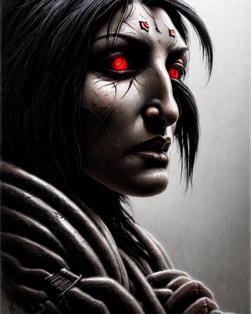 Image similar to pharah from overwatch, character portrait, portrait, close up, concept art, intricate details, highly detailed, horror poster, horror, vintage horror art, realistic, terrifying, in the style of michael whelan, beksinski, and gustave dore