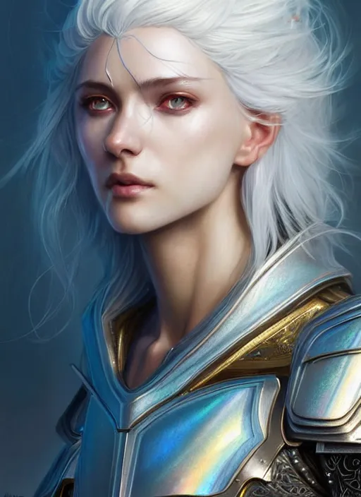 Prompt: light iridescent armor!!! long wild white hair!! covered chest!!! fantasy, d & d, intricate ornate details, digital painting, pretty face!!, symmetry, concept art, sharp focus, illustration, art by artgerm! greg rutkowski magali villeneuve wlop! ilya kuvshinov!!, octane render