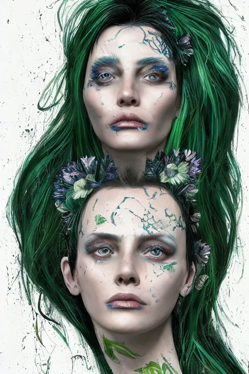 Image similar to portrait of a woman with cracked stripped skin. close up, dark blue-green hair, dark flower pattern wallpaper background, high detail, by Eddie Mendoza